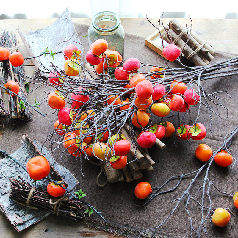 Emulated persimmon tree branches pomegranate green leaf fruit branches Apple date branches DIY flower arranging material floor vase decoration-Taobao