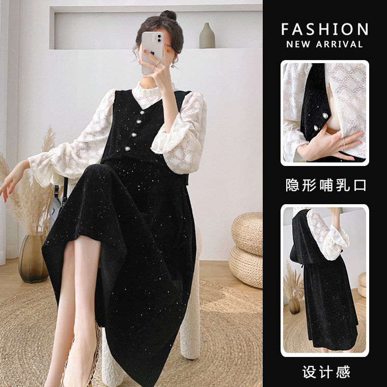 2022 maternity dress spring new Korean version corduroy fake two pieces temperament maternity dress breastfeeding dress net red