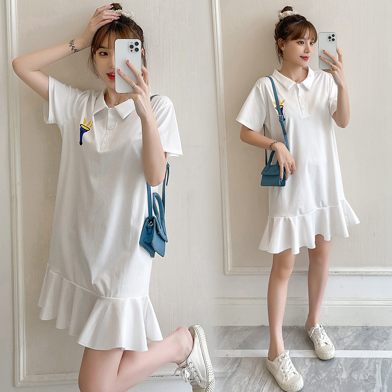 Maternity wear summer dress lapel dress fashion Korean version loose casual cotton POLO collar skirt mid-length tide