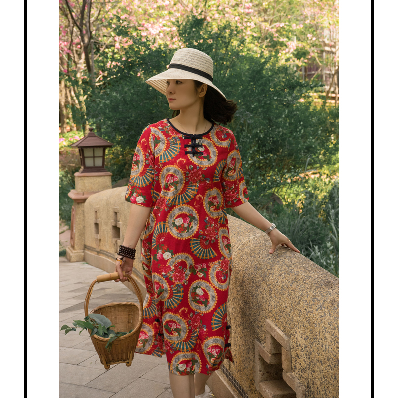 New spring and summer dresses Ethnic cotton and linen print retro short-sleeved skirts Mid-length loose and thin