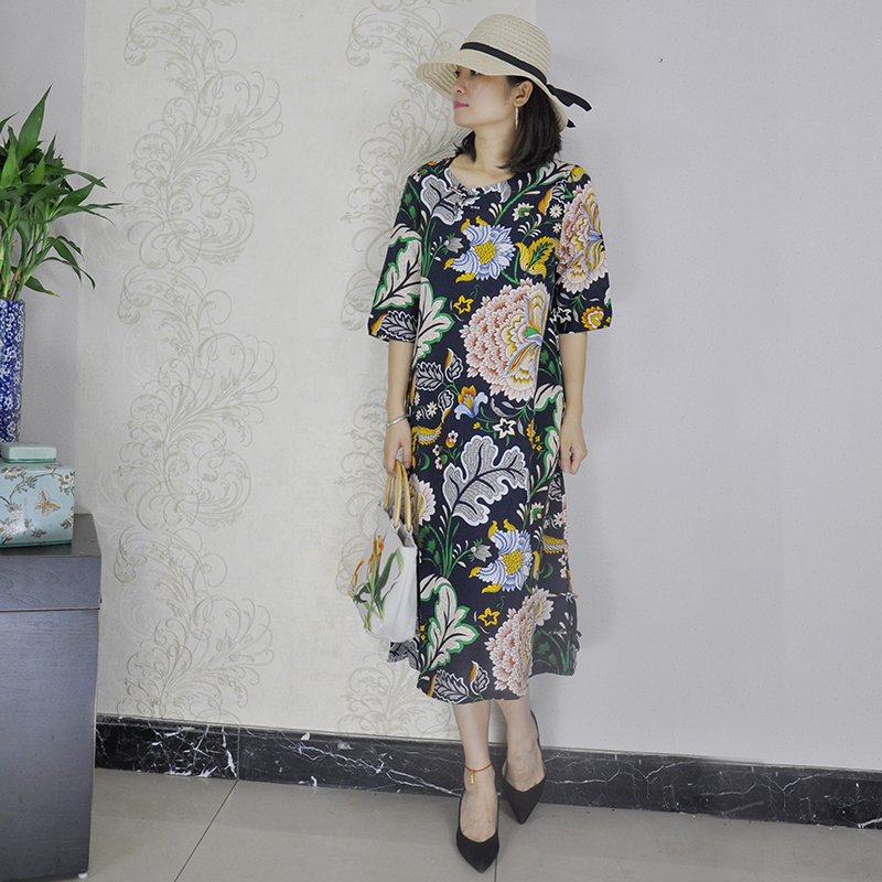 Ethnic style new women's cotton and linen slim fit and slim retro plate buckle color printing dress women
