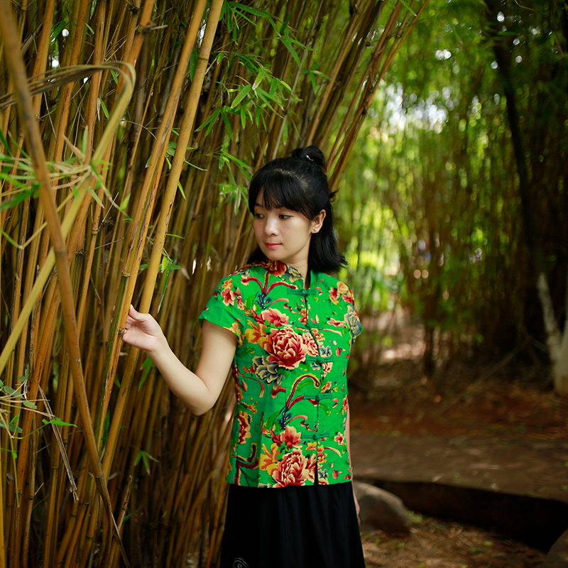 National style women's new round-neck cotton and linen shirt autumn literature and art all-match button short-sleeved thin summer printed top