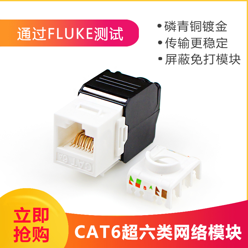 The 6 CAT6A network module has designed Fluke test compatibility panel and empty wiring frame black and white