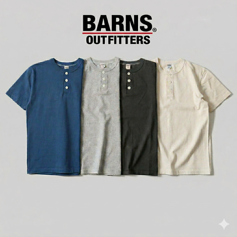 [in Stock] Japanese-Made Barns Cozun Vintage Warp-Knitted Heavy-Duty Tubular Knit Henley Collar T-Shirt, Triple Stitch