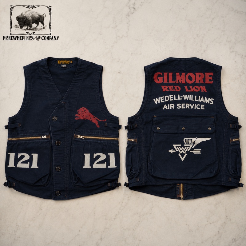 [in Stock] Freewheelers New Vintage Workwear Multi-Pocket Printed Vest Gilmore Red Lion 121