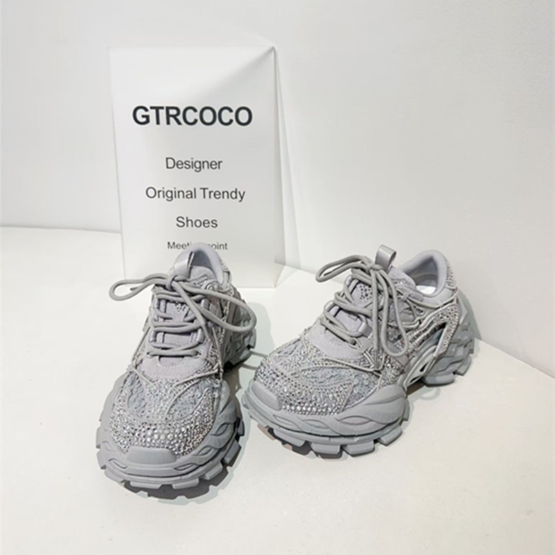 European Style Trendy Dad Sneakers for Women 2026 New Popular Spring Retro Thick-Soled Height-Increasing Sports Casual Shoes with Rhinestones