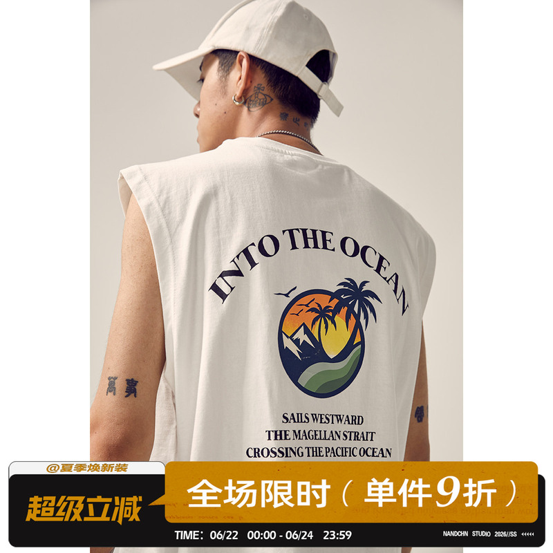 Men's 2026 Summer Sleeveless Vest with Coconut Tree Print on the Back, Trendy Loose Casual Student Couple T-Shirt Top Men's 2026 Summer Sleeveless Vest with Coconut Tree Print on the Back, Trendy Loose Casual Student Couple T-Shirt Top