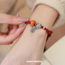 Lovers bracelet natural nectar wax pure silver ethnic wind handmade red rope choreography Gift a pair of commemorative handrope bestie