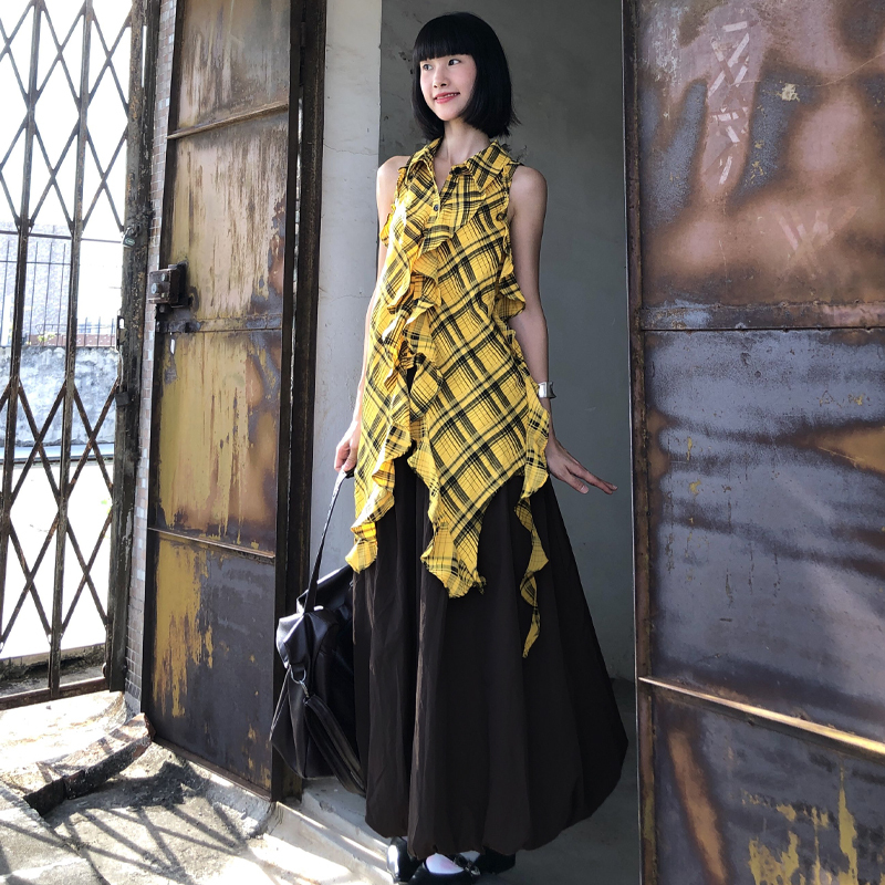 American Plaid Irregular Sleeveless Vest Shirt Dress for Women Summer New Design Layered Top Shirt Dress