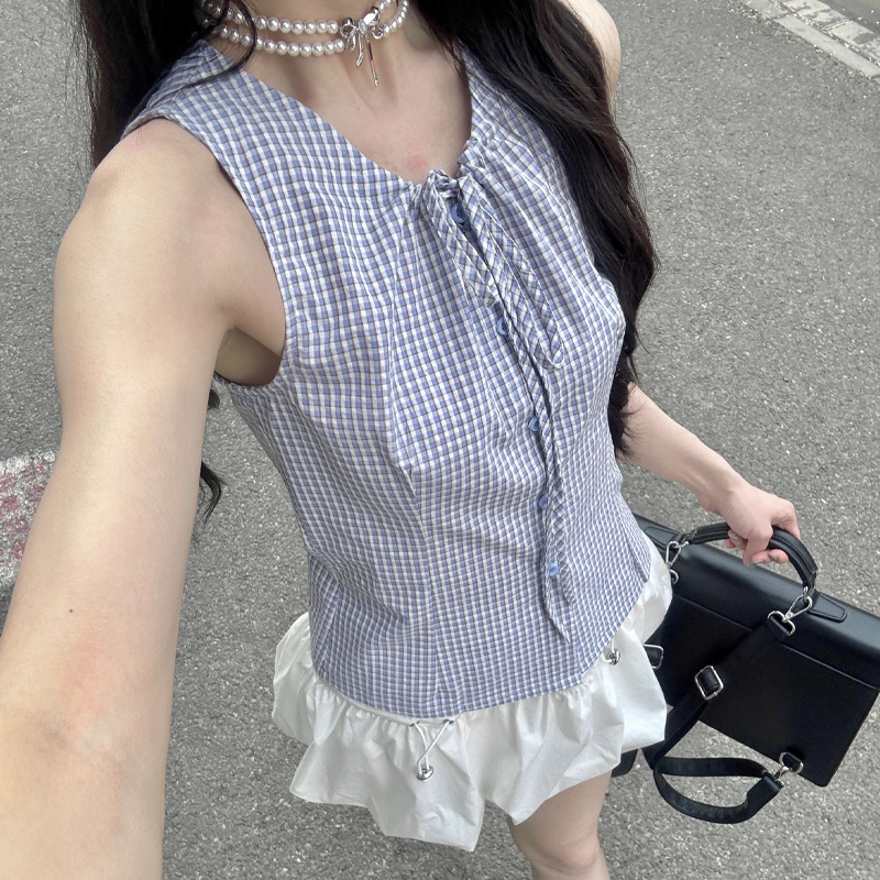 French-Style Lace-Up Plaid Vest Shirt 2026 Women's Summer New Niche Slim-Fit Sleeveless Top with a Sense of Design French-Style Lace-Up Plaid Vest Shirt 2026 Women's Summer New Niche Slim-Fit Sleeveless Top with a Sense of Design