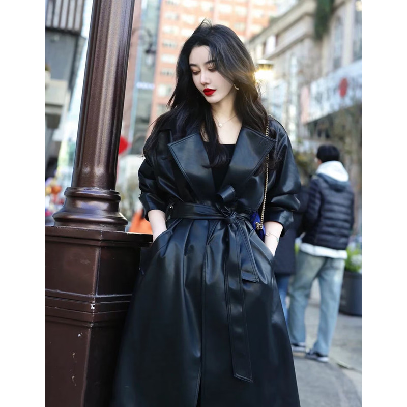 Cool and Stylish Pu Leather Coat for Women, 2026 Spring and Autumn New Korean Fashion Over-The-Knee Lace-Up Rabbit Fur Plush Plus-Size Jacket