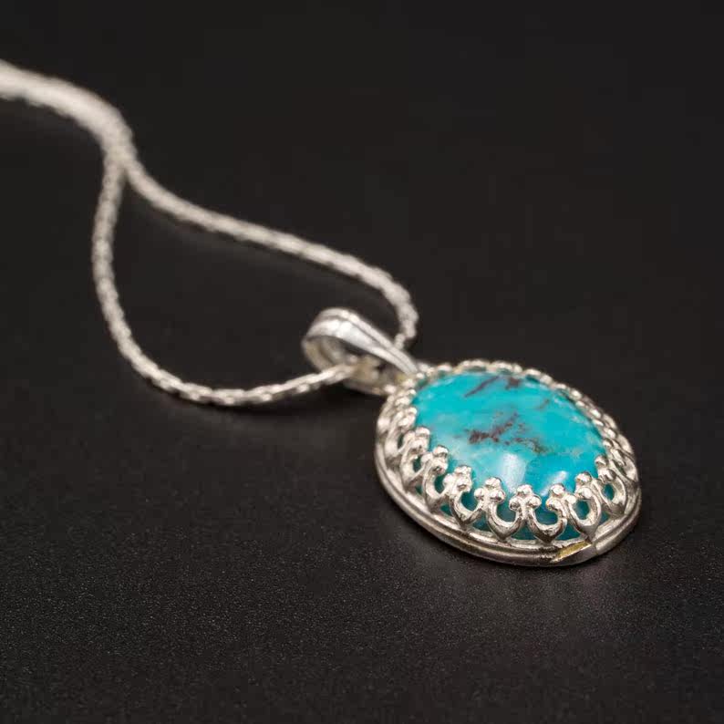 British Turquoise \ hands with gorgeous natural turquoise gems inlaid with Crown pure silver necklace
