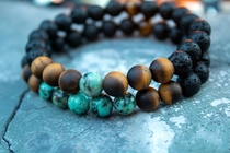 American Bracelet㊣ handmade matte tiger eye stone lava beads turquoise beaded double-layer bracelet