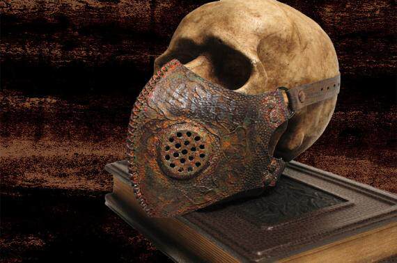 Cosplay Russia hands on special retro Gothic steam punk party to perform genuine leather mask