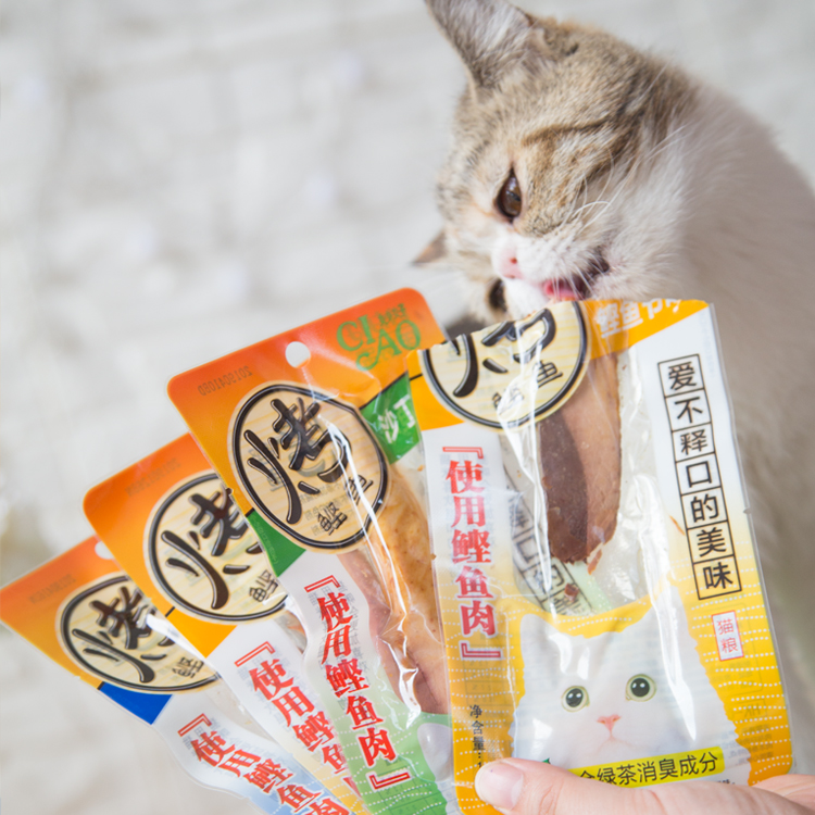 Ren Ke Pet CIAO Inabao tuyệt vời nướng mực mèo ăn nhẹ cá khô cá phi lê thưởng mèo dải thịt khô 4 túi - Đồ ăn nhẹ cho mèo hạt cateye