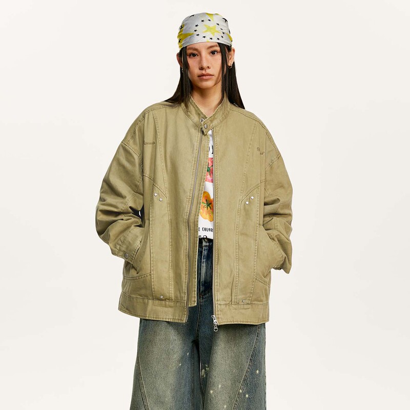Xingherd Washed Vintage Workwear Jacket for Men, Loose Fit, Autumn Barn Coat, Women's Cotton Stand Collar Short Trench Coat
