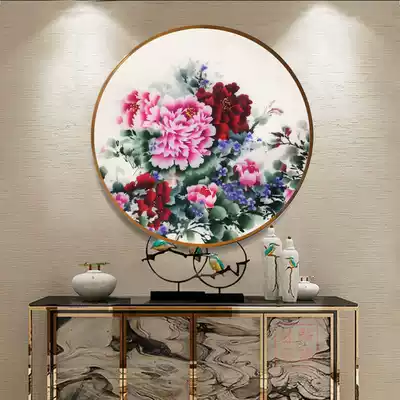 Su embroidery finished hanging painting round peony flower blossom rich silk hand embroidery decorative painting porch new Chinese style living room