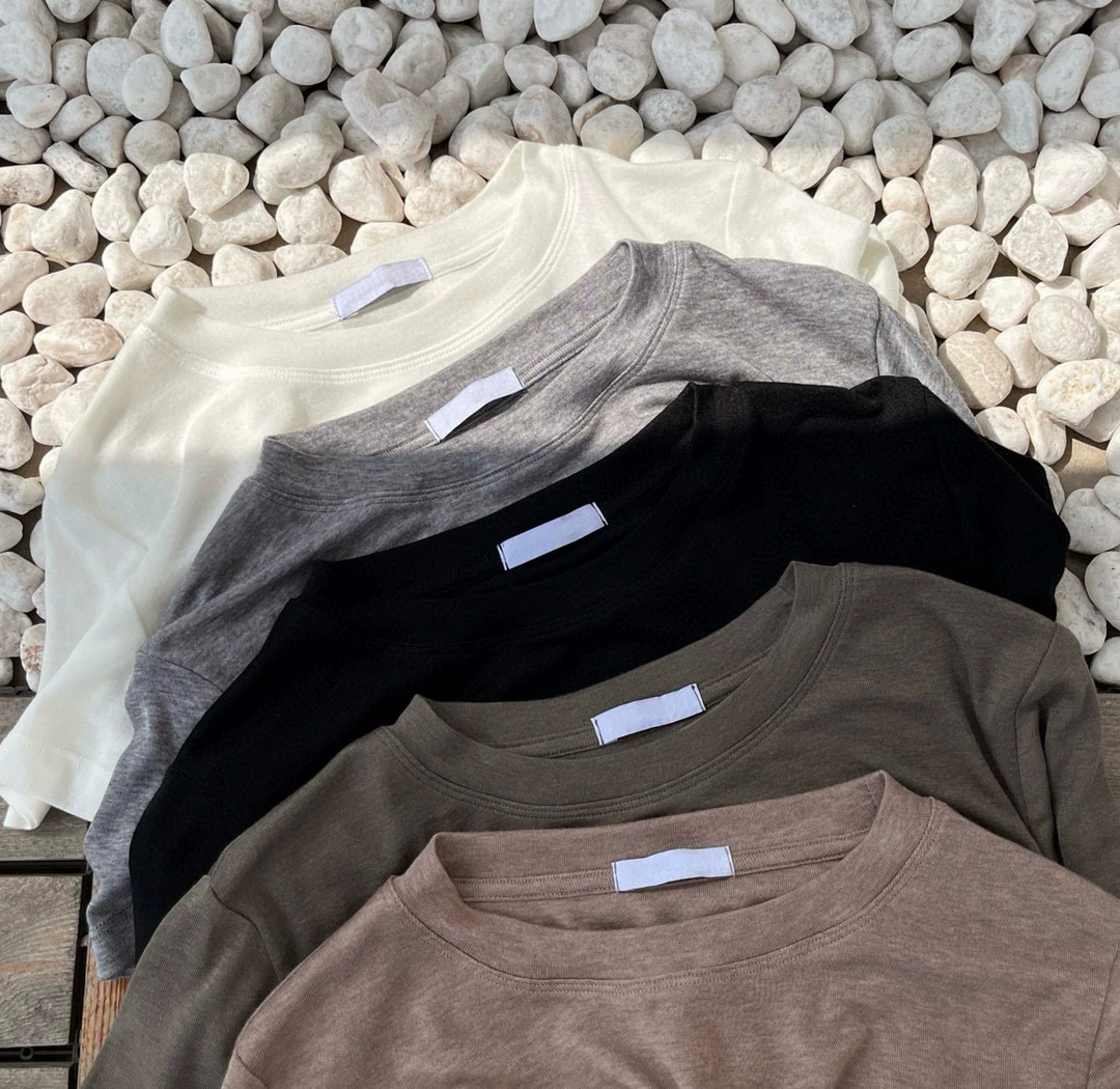 Woolen elastic short sleeve T-shirt with a round collar