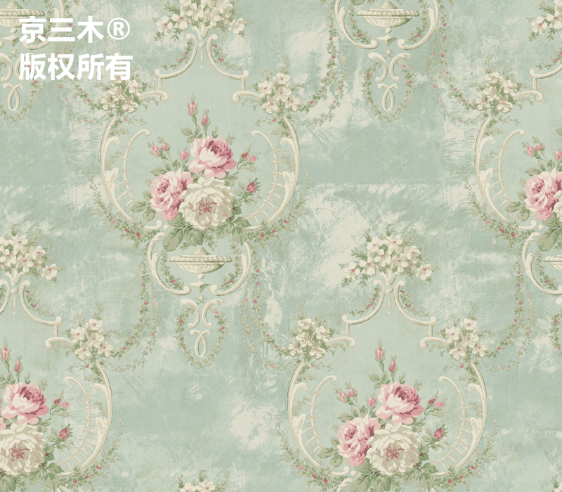 Jing Sanmu retro American pure paper wallpaper blue green pastoral flower wallpaper bedroom AB version stripe MG