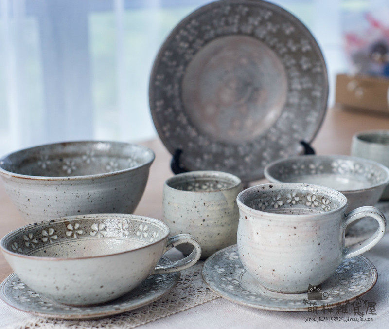 Spot Japanese Mino burning retro coarse pottery powder cited Mishima flower handmade tea cup dinner plate soup bowl large bowl mug