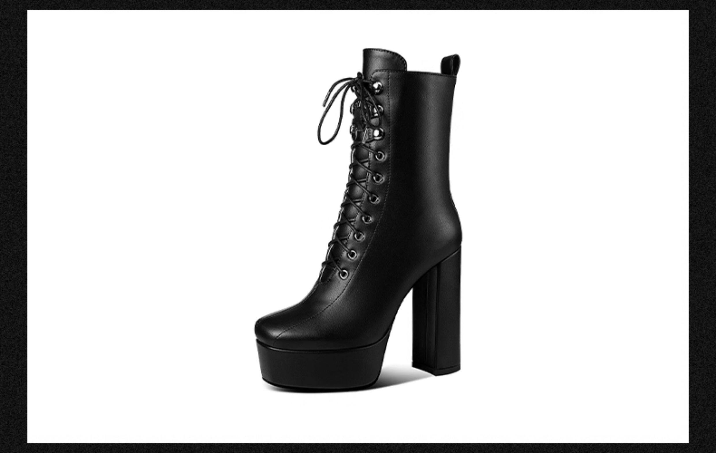 Boot nữ cổ thấp mũi vuông phong cách retro, gót dày platform chống nước, dây buộc khóa kéo — Đen (Gót dày) 35661, Nâu (Gót dày) 35661, Đen (Gót mảnh 35761), Nâu (Gót mảnh 35761) chi tiết 12