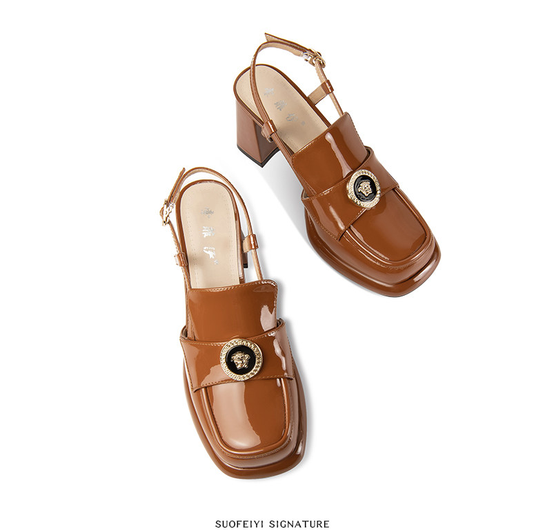 Sandal cao gót nữ hở mũi mũi vuông da bóng gót dày 5-8 cm — Màu Caramel, Màu Đen chi tiết 8