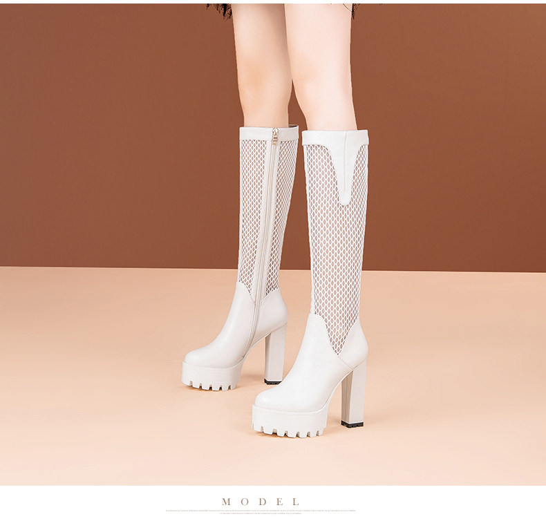 Boot cổ thấp nữ gót vuông cao 8 cm, mũi tròn, đế dày, chất liệu da bò thật kết hợp lưới thoáng khí, khóa kéo bên hông — Đen, Trắng chi tiết 6