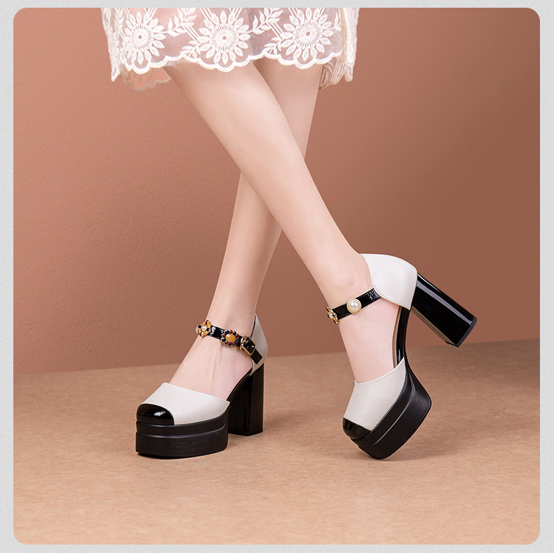 Sandal platform nữ mũi kín da thật gót vuông cao 8 cm — Đen, Trắng chi tiết 18