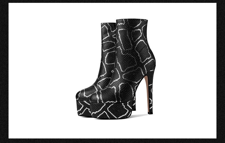 Boot cổ thấp nữ gót siêu cao 12–15 cm họa tiết vảy rắn, đế chống nước, khóa kéo bên — Đen Cao Gót 12cm, Trắng Cao Gót 12cm, Đen Cao Gót 13cm, Trắng Cao Gót 13cm chi tiết 14