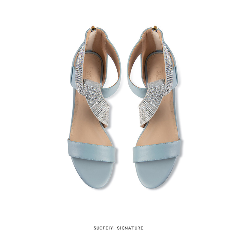 Sandal cao gót nữ hở mũi gót nhọn 9 cm quai mảnh đính đá — Vàng, Xanh da trời chi tiết 8