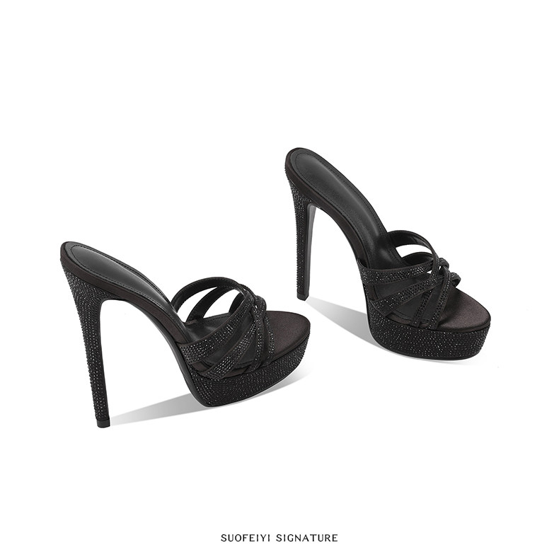 Sandal cao gót nữ hở mũi đính đá pha lê, gót 11–13 cm, đế platform dày — Đen Cao Gót 11cm, Trắng Ngà Cao Gót 11cm, Màu Champagne Cao Gót 11cm, Đen Cao Gót 13cm chi tiết 4