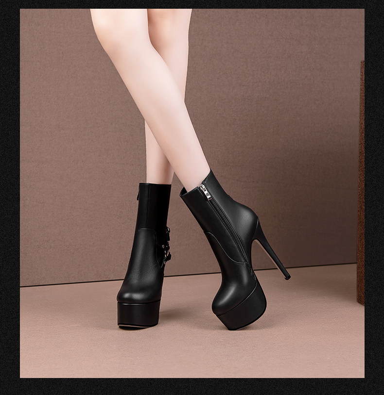 Boot cổ thấp gót nhọn phong cách Pháp cho nữ, kéo khóa bên, dáng ôm mắt cá chân — Đen Cao Gót 15cm, Trắng Cao Gót 15cm, Đen Cao Gót 12cm, Trắng Cao Gót 12cm chi tiết 4