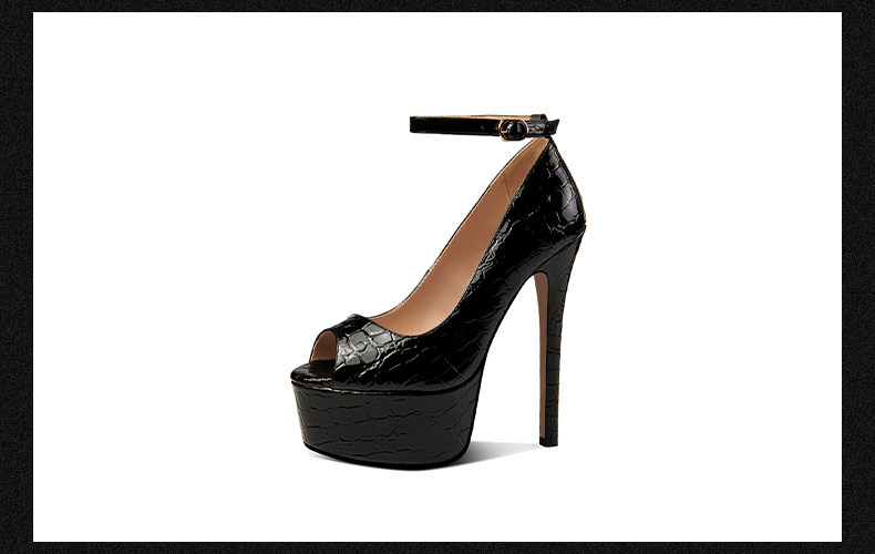 Sandal cao gót nữ một quai khóa bản to, mũi hở, gót siêu cao 13-15 cm, họa tiết da rắn — Brown (15cm Heel Height), Black (15cm Heel Height), Brown (13cm Heel Height), Black (13cm Heel Height) chi tiết 12
