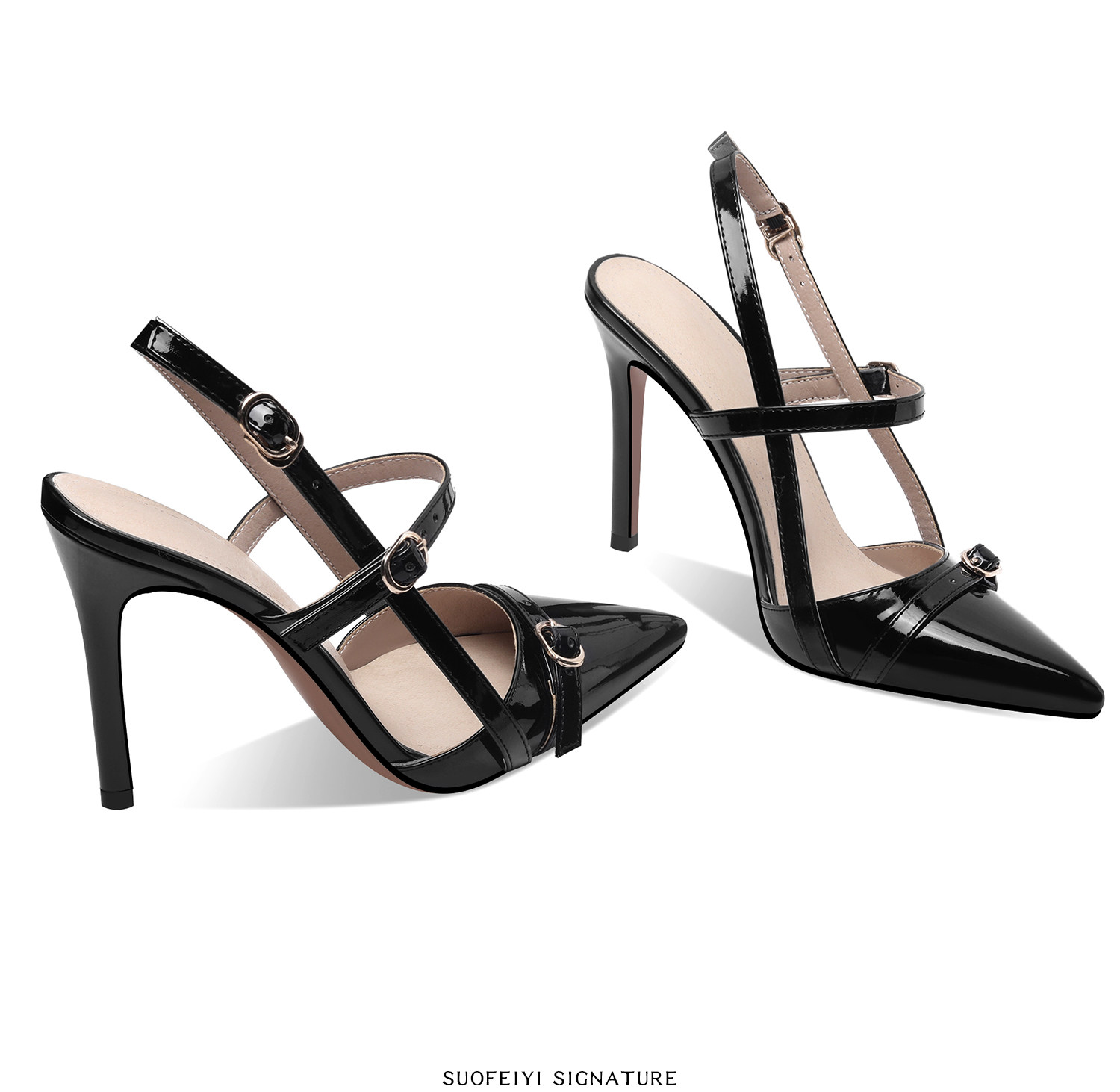 Sandal cao gót mũi nhọn quai mảnh kiểu Pháp — Đen, Mơ chi tiết 4