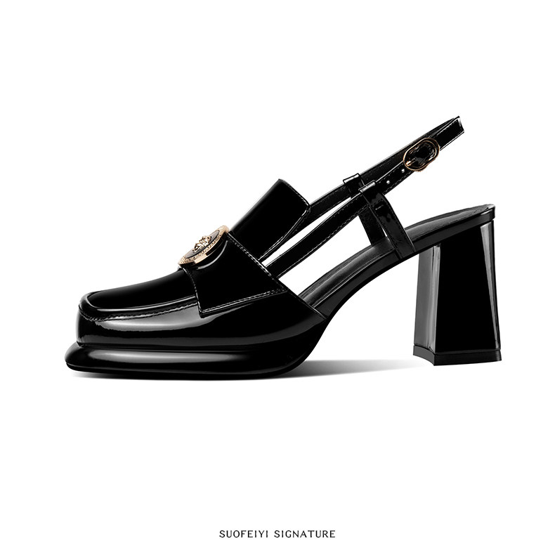 Sandal cao gót nữ hở mũi mũi vuông da bóng gót dày 5-8 cm — Màu Caramel, Màu Đen chi tiết 3