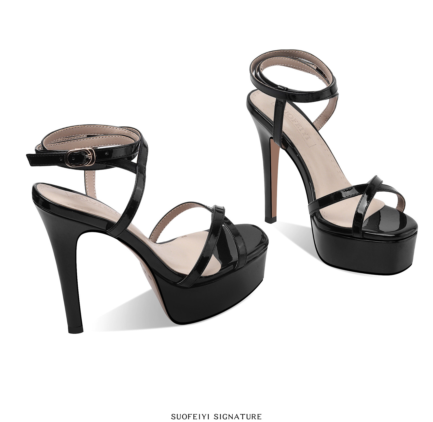 Sandal cao gót nữ hở mũi quai mắt cá phong cách Pháp, gót nhọn 12 cm, đế platform chống nước — Đen, Mơ chi tiết 3