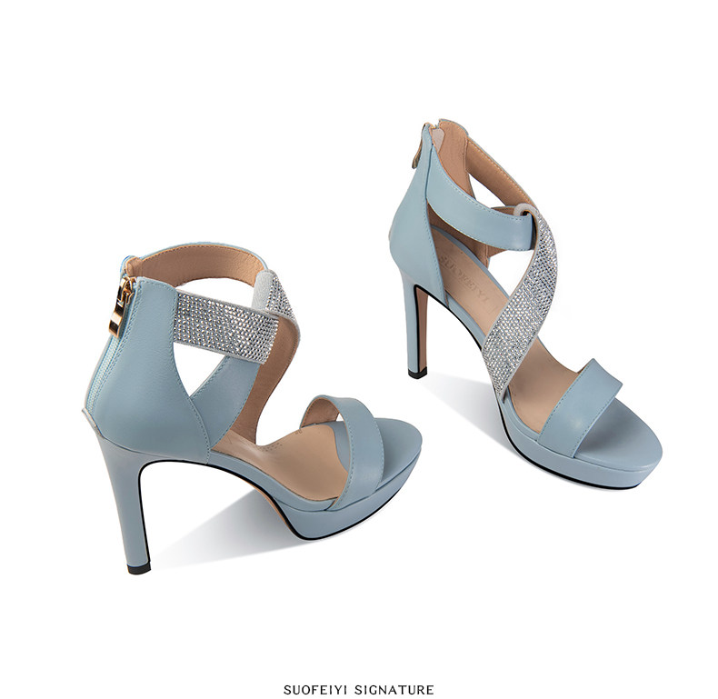 Sandal cao gót nữ hở mũi gót nhọn 9 cm quai mảnh đính đá — Vàng, Xanh da trời chi tiết 7