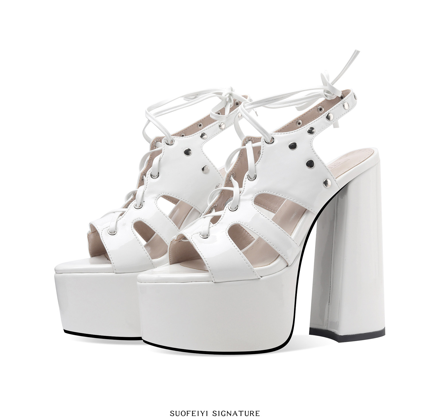 Sandal cao gót nữ mũi hở quai chéo da bóng đế dày gót vuông — Đen, Trắng chi tiết 9