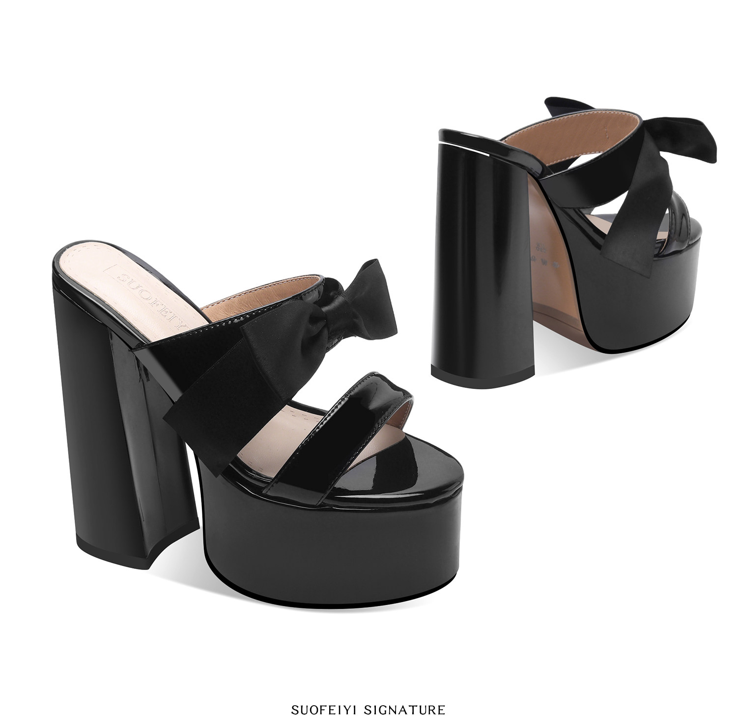 Sandal cao gót nữ mũi hở đế dày nơ bướm phong cách Pháp — Đen, Đỏ rượu chi tiết 4