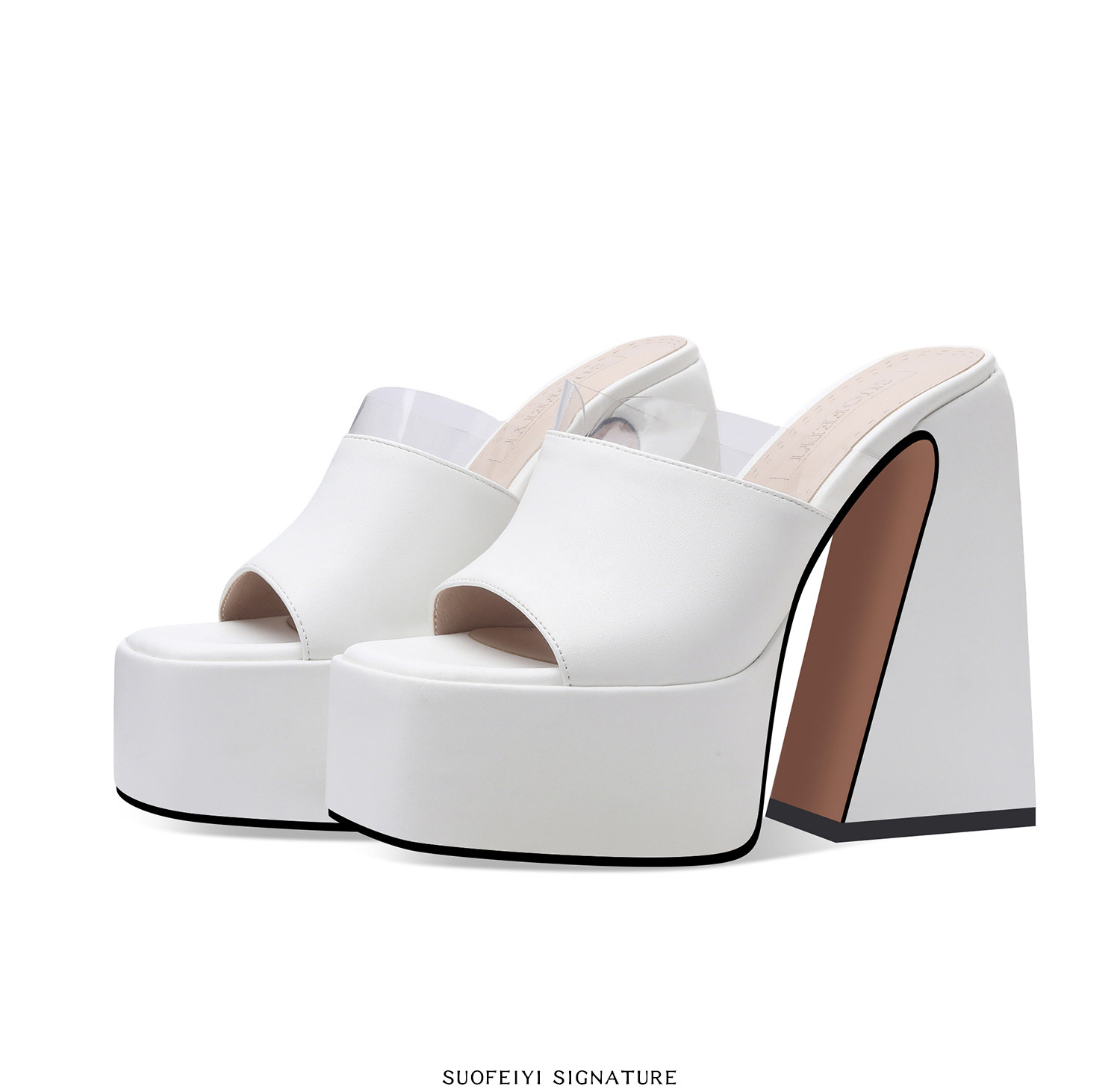 Sandal cao gót nữ mũi hở đế dày chunky gót vuông — Đen, Trắng chi tiết 9