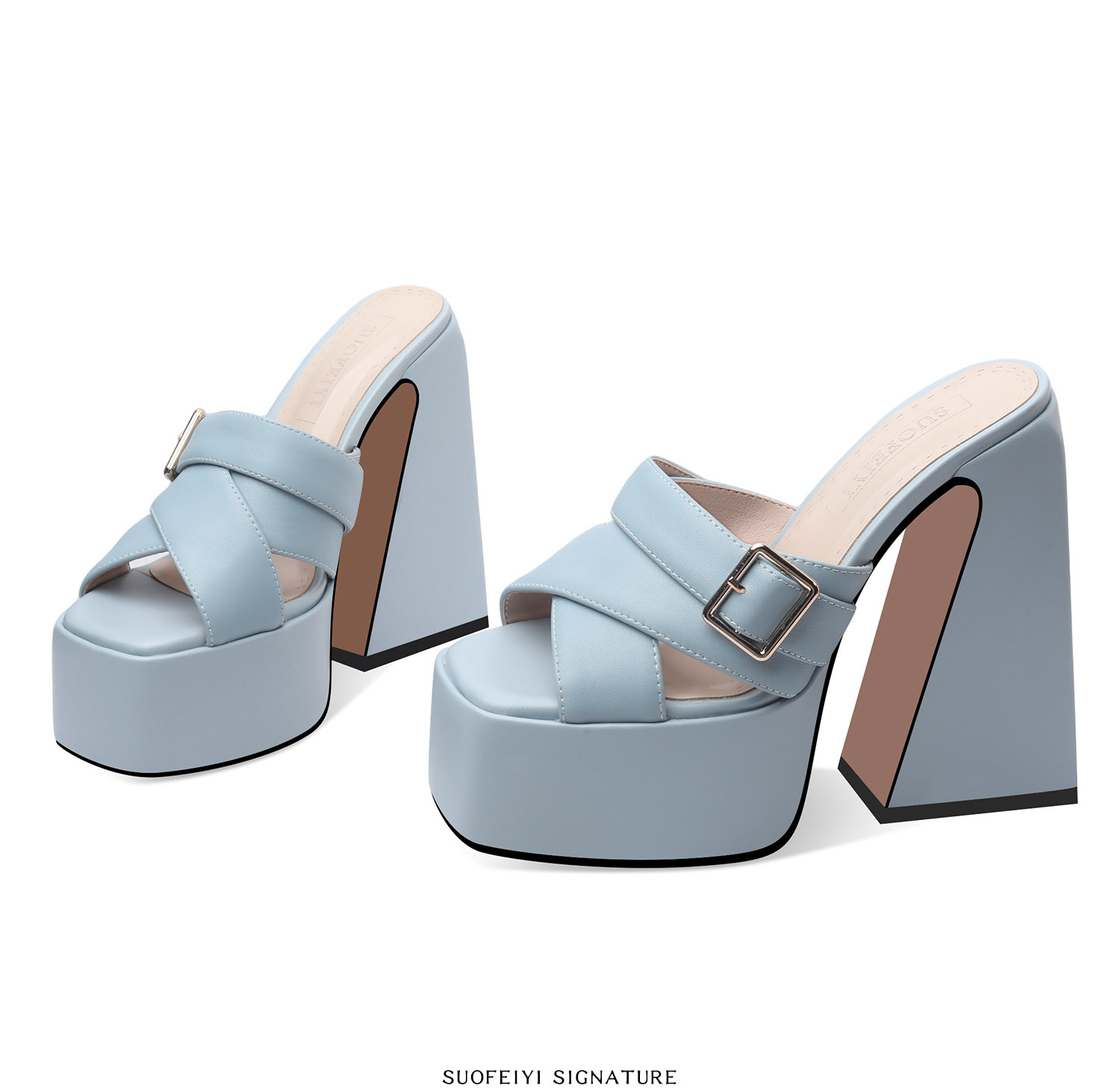 Sandal cao gót nữ hở mũi quai ngang đế dày gót vuông — Đen, Xanh dương, Vàng+Trắng, Hồng+Trắng chi tiết 5