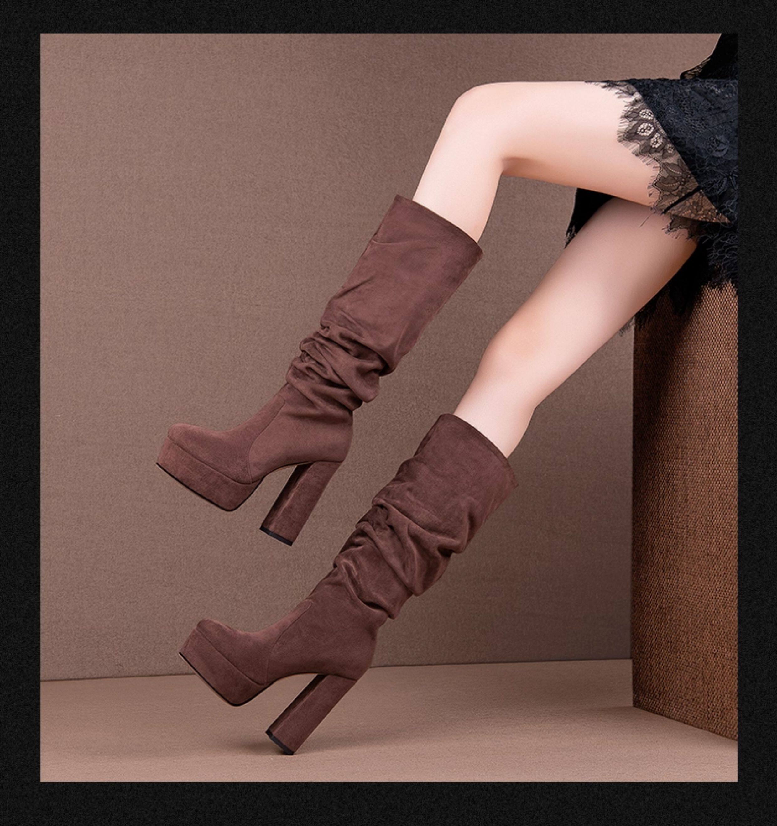 Boot nữ cổ cao gót dày mũi vuông da lộn phong cách châu Âu — Đen (Gót dày), Nâu (Gót dày), Đen (Gót dày nhỏ), Nâu (Gót dày nhỏ) chi tiết 5
