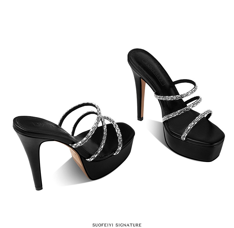 Sandal cao gót nữ hở mũi đính đá quai mảnh gót nhọn 6-8cm — Giày nhọn đen 35847-1, Giày nhọn trắng 35847-1, Black (Thick Heel) 35647-1, White (Thick Heel) 35647-1 chi tiết 4