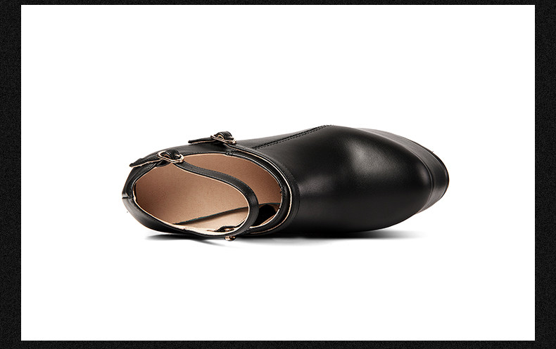 Giày clog nữ da bò đen đế dày chống nước, gót vuông 9 cm, mũi nhọn khoét sâu — Đen chi tiết 14