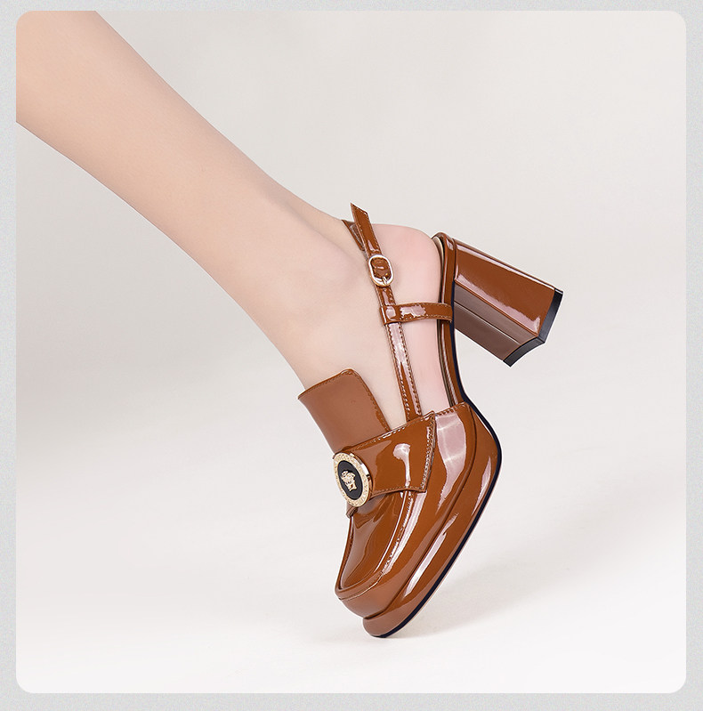 Sandal cao gót nữ hở mũi mũi vuông da bóng gót dày 5-8 cm — Màu Caramel, Màu Đen chi tiết 16