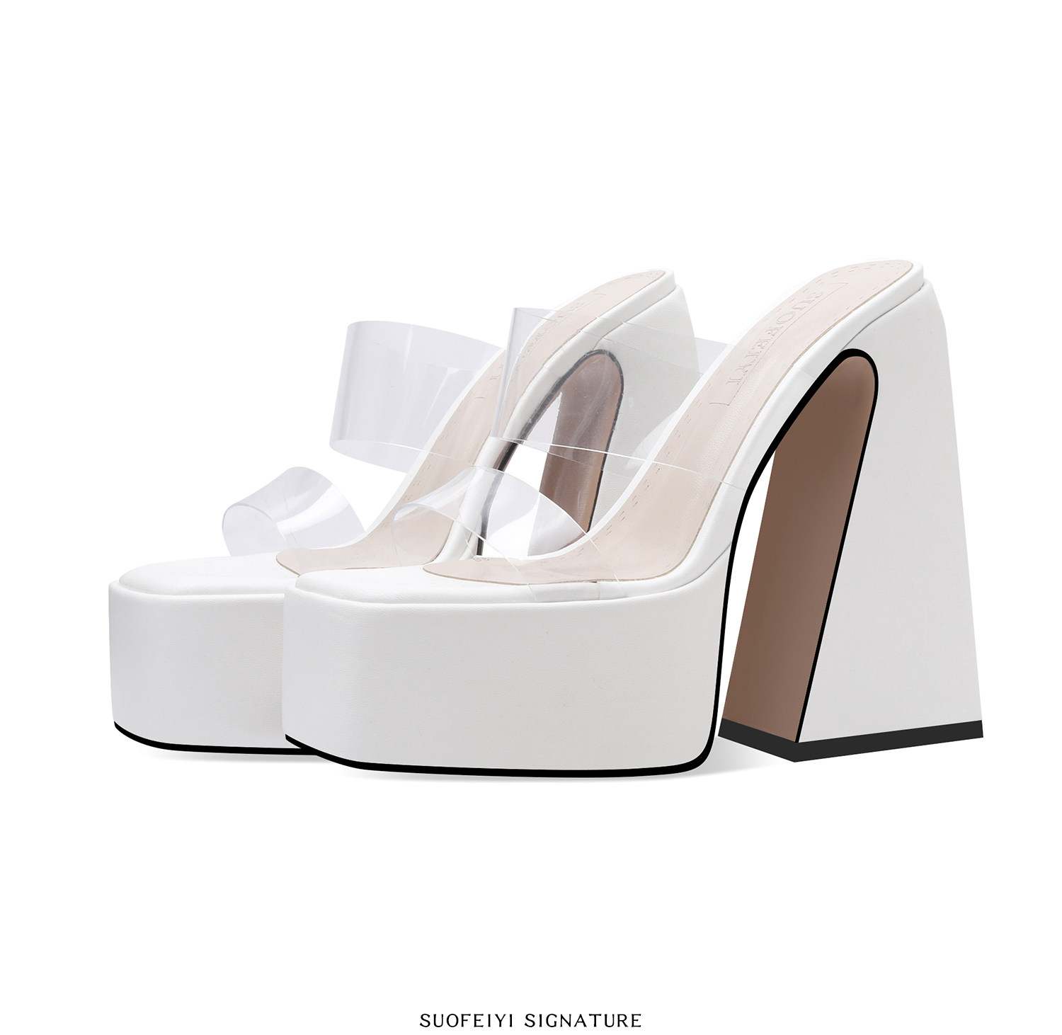 Sandal cao gót nữ hở mũi đế dày gót vuông trong suốt — Đen, Trắng, Mơ chi tiết 7