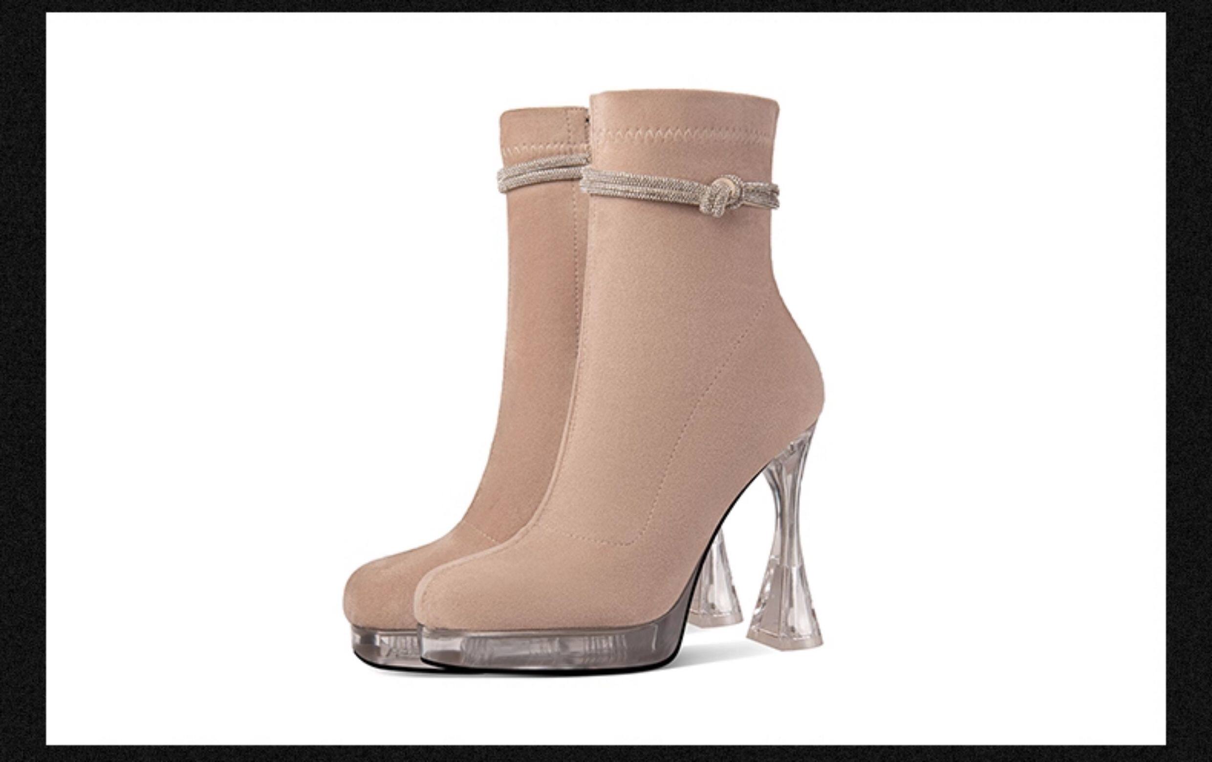 Boot nữ cổ thấp mũi tròn chất da lộn gót vuông cao 8 cm — Đen, Mơ chi tiết 15