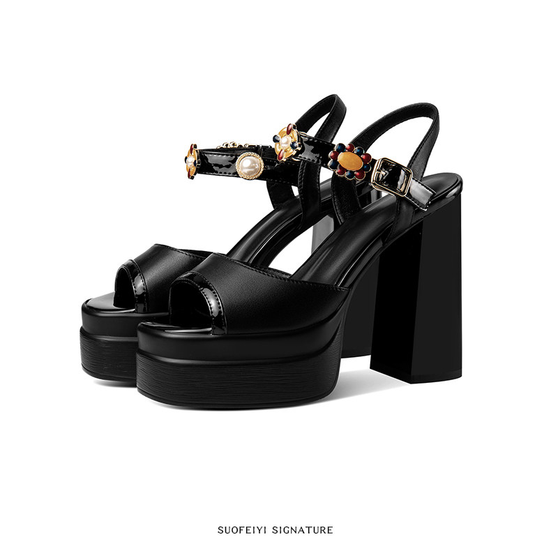 Sandal cao gót nữ mũi cá kiểu Pháp Sophie, gót vuông dày platform, quai khóa một bên — Đen, Trắng ngà chi tiết 5