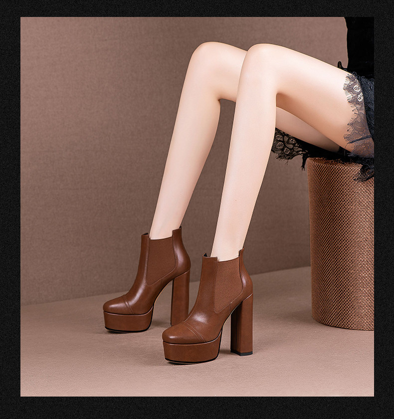 Boot nữ cổ thấp gót vuông da bò mũi vuông đế chống nước — Nâu (Gót Dày) 35691, Đen (Gót Dày) 35691, Đen (Gót Mỏng 35791), Nâu (Gót Mỏng 35791) chi tiết 5