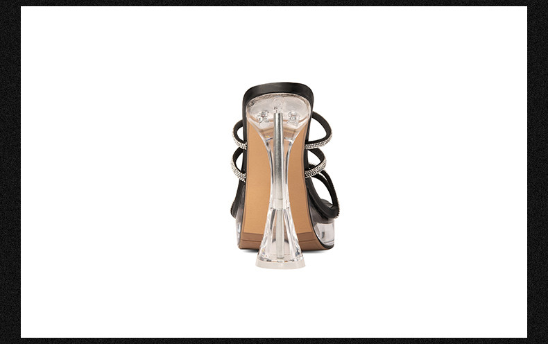 Sandal cao gót nữ hở mũi đính pha lê gót vuông 9 cm — Đen, Mơ chi tiết 12